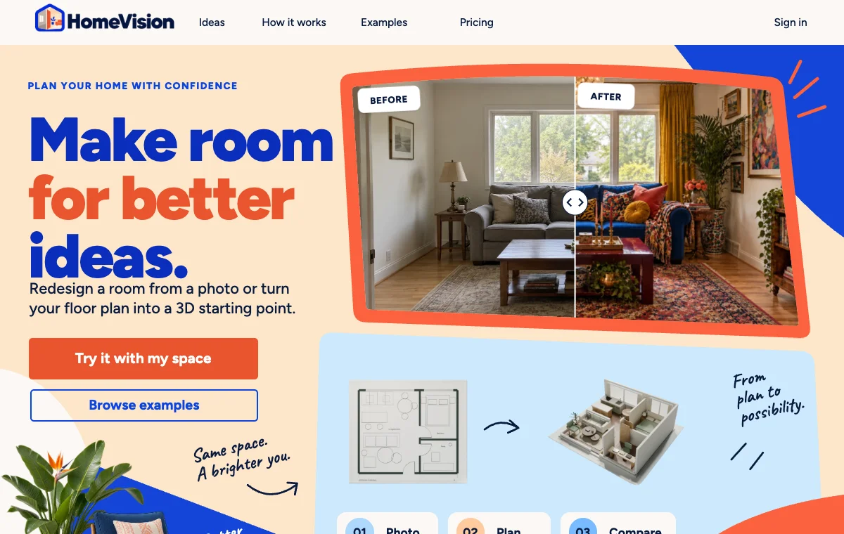 HomeVision AI home design homepage with a before-and-after room comparison