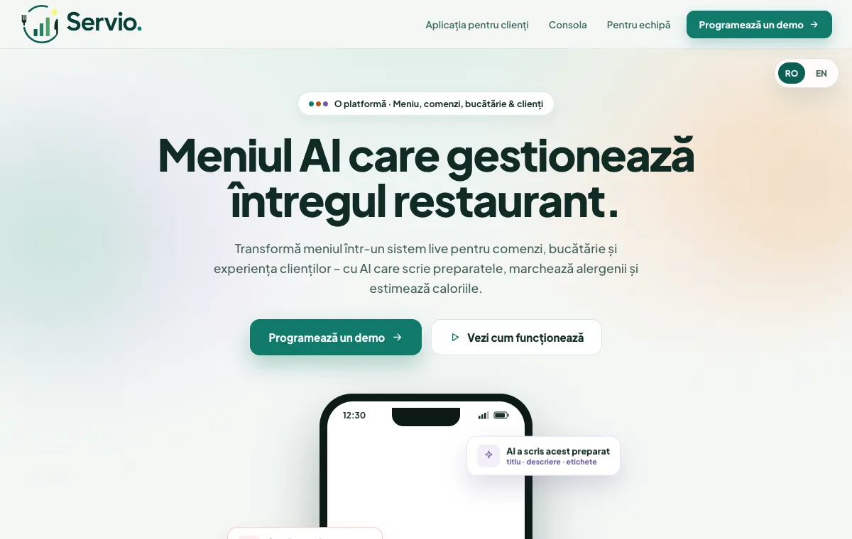 Servio AI restaurant menu ordering and kitchen display platform screenshot