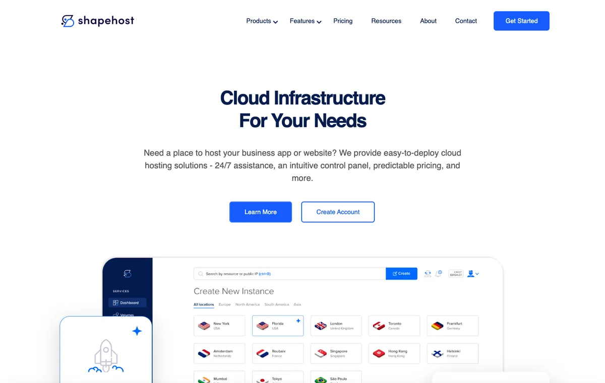 shape.host cloud infrastructure hosting dashboard screenshot